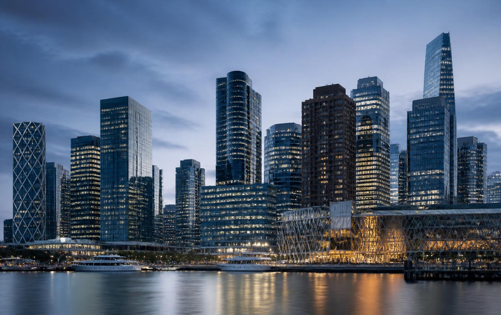 Contemporary Sydney harbour-side business district at dusk